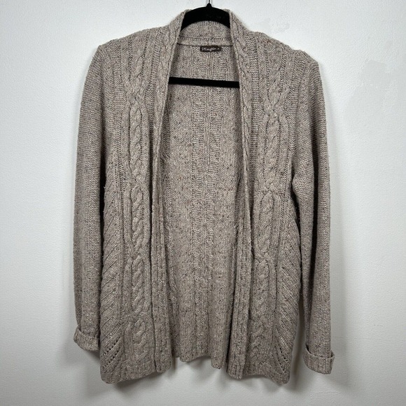 J. Mclaughlin Womens Aran Cable Knit Open Cardigan Sweater Brown Tan Wool Size M - Picture 1 of 7